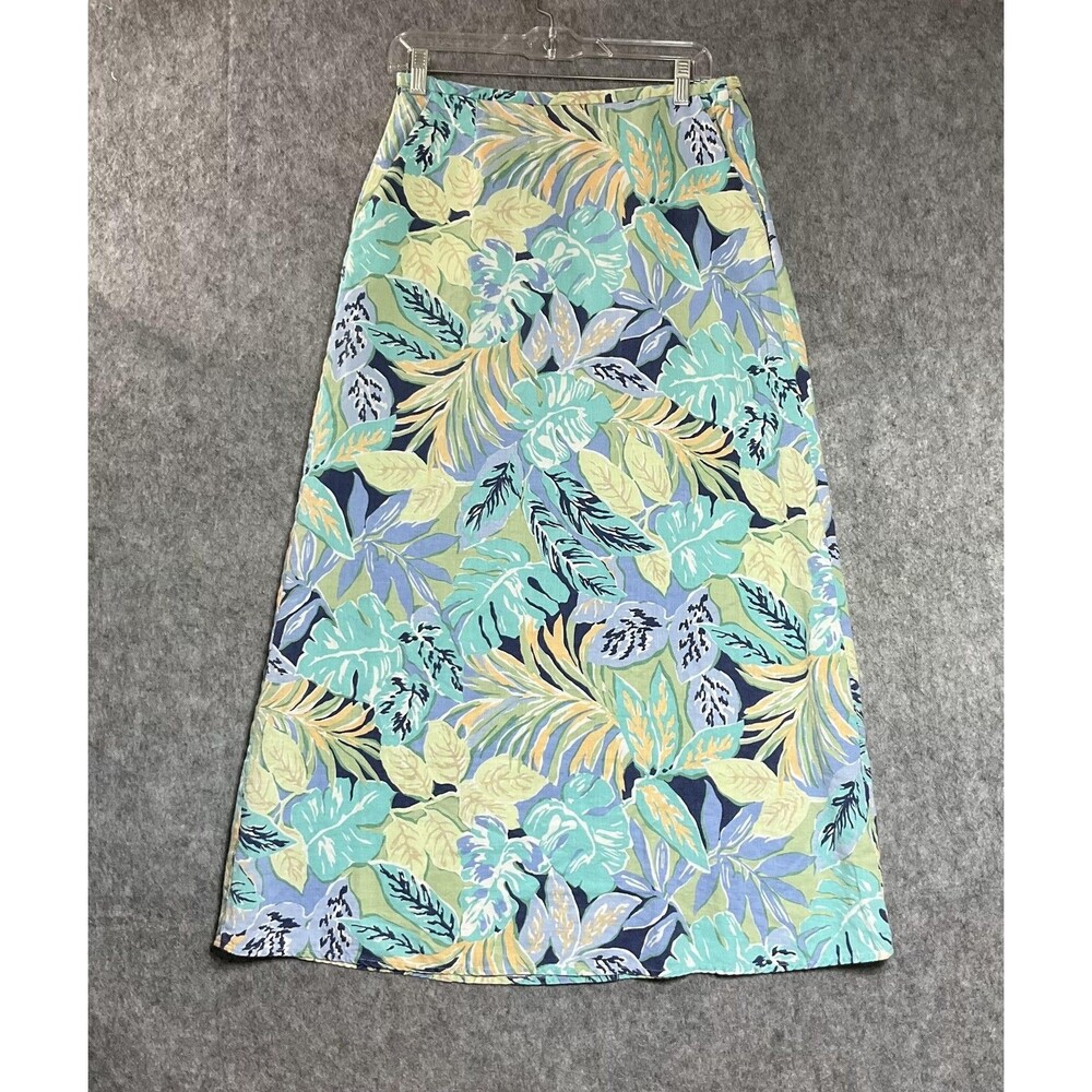Talbots Skirt Women Medium Blue A-Line Long Floral Linen Blend Tropical Vacation
